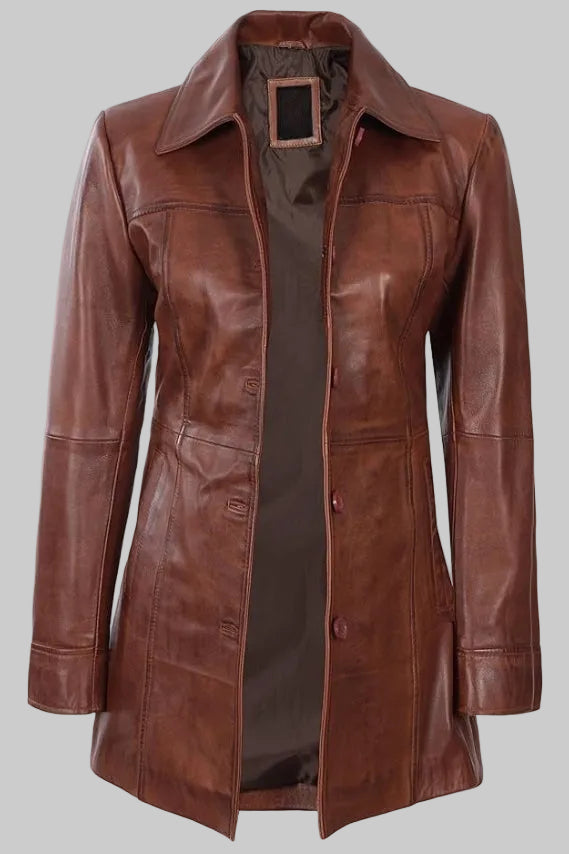 Women's Classic Brown Leather Car Coat