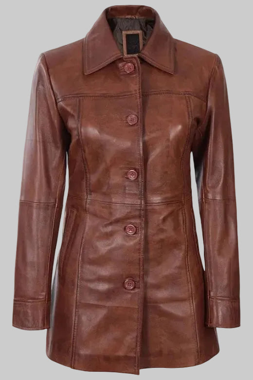 Women's Classic Brown Leather Car Coat
