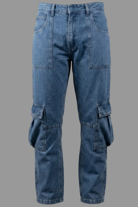 Gulposh Luxe Heritage Utility Denim Trousers Mid Blue