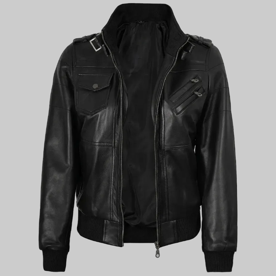 Edinburgh Women's Hooded Black Leather Bomber Jacket (Moto-Style).