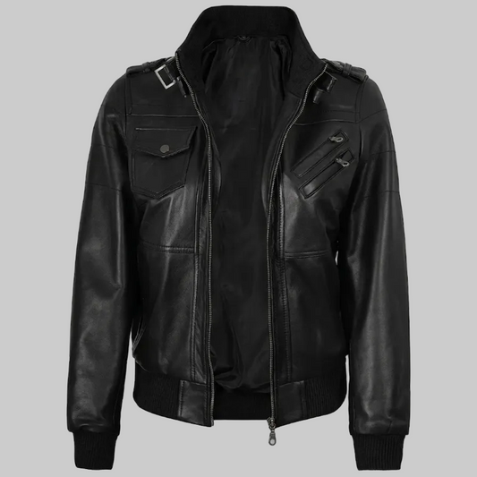 Edinburgh Women's Hooded Black Leather Bomber Jacket (Moto-Style).