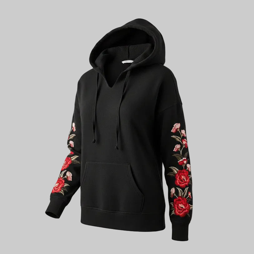 Rose Bloom V-Neck Embroidered Hoodie
