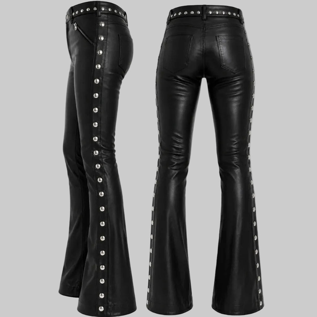 Women's Side-Studded Faux Leather Flare Pants