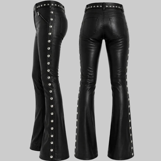 Women's Side-Studded Faux Leather Flare Pants