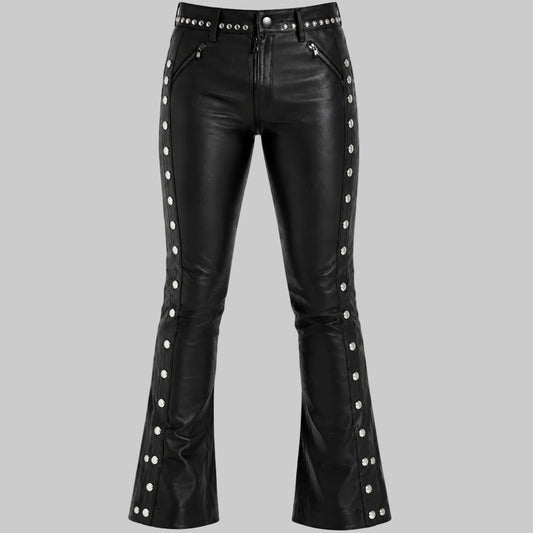 Women's Studded Side-Snap Leather Flare Pants
