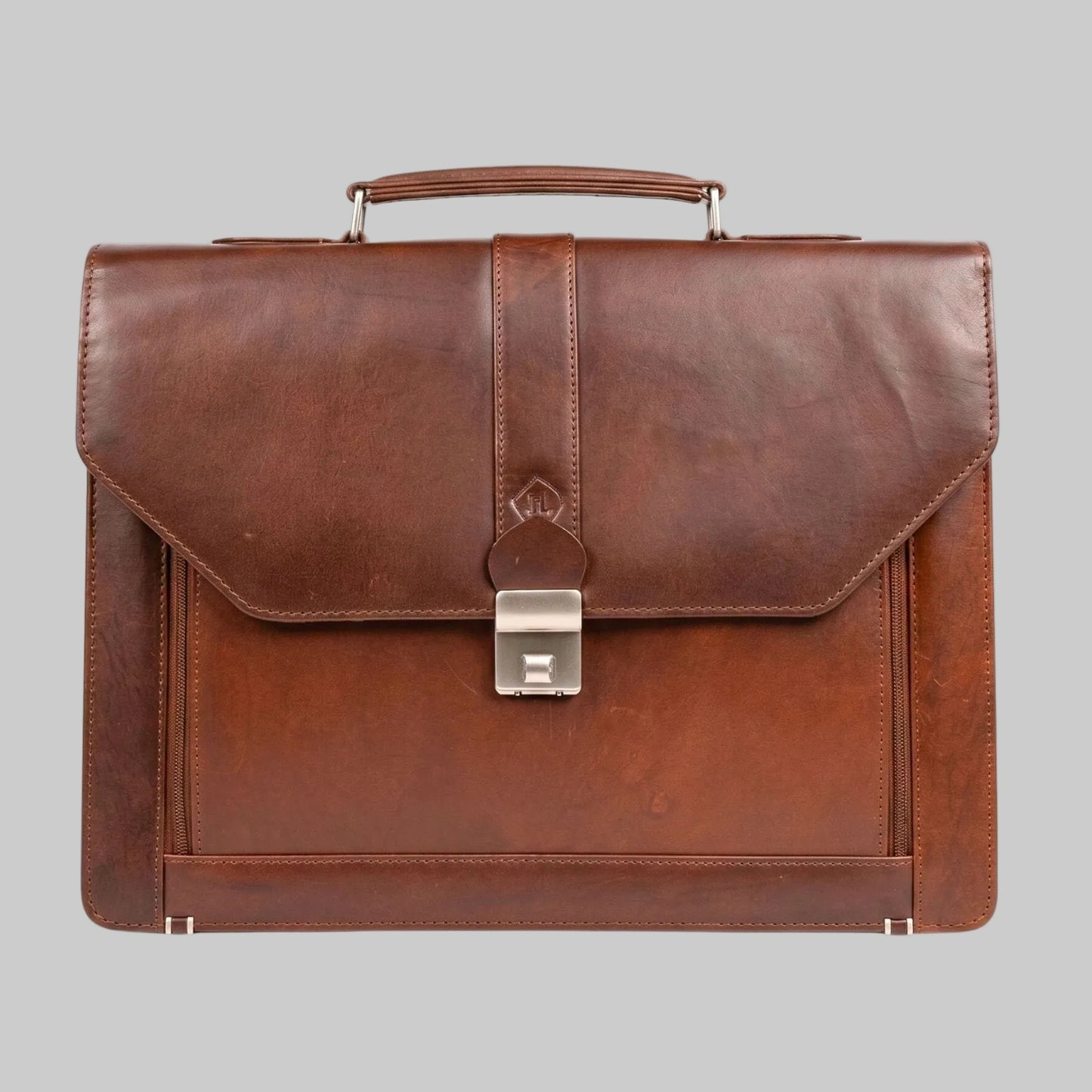 Product Name: Brown Leather Briefcase with Logo and Clasp