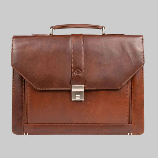 Product Name: Brown Leather Briefcase with Logo and Clasp