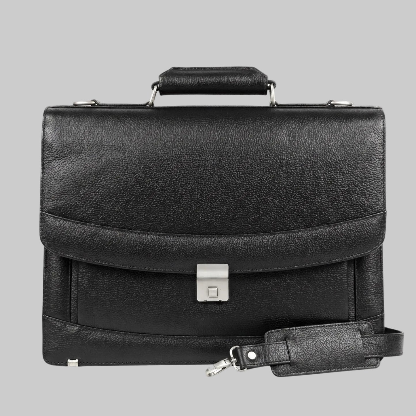 Black Pebbled Leather Briefcase with Flap and Detachable Strap