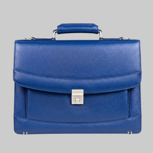 Blue Pebbled Leather Briefcase with Flap and Clasp