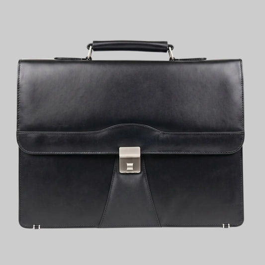 Black Smooth Leather Executive Briefcase with Flap and Clasp