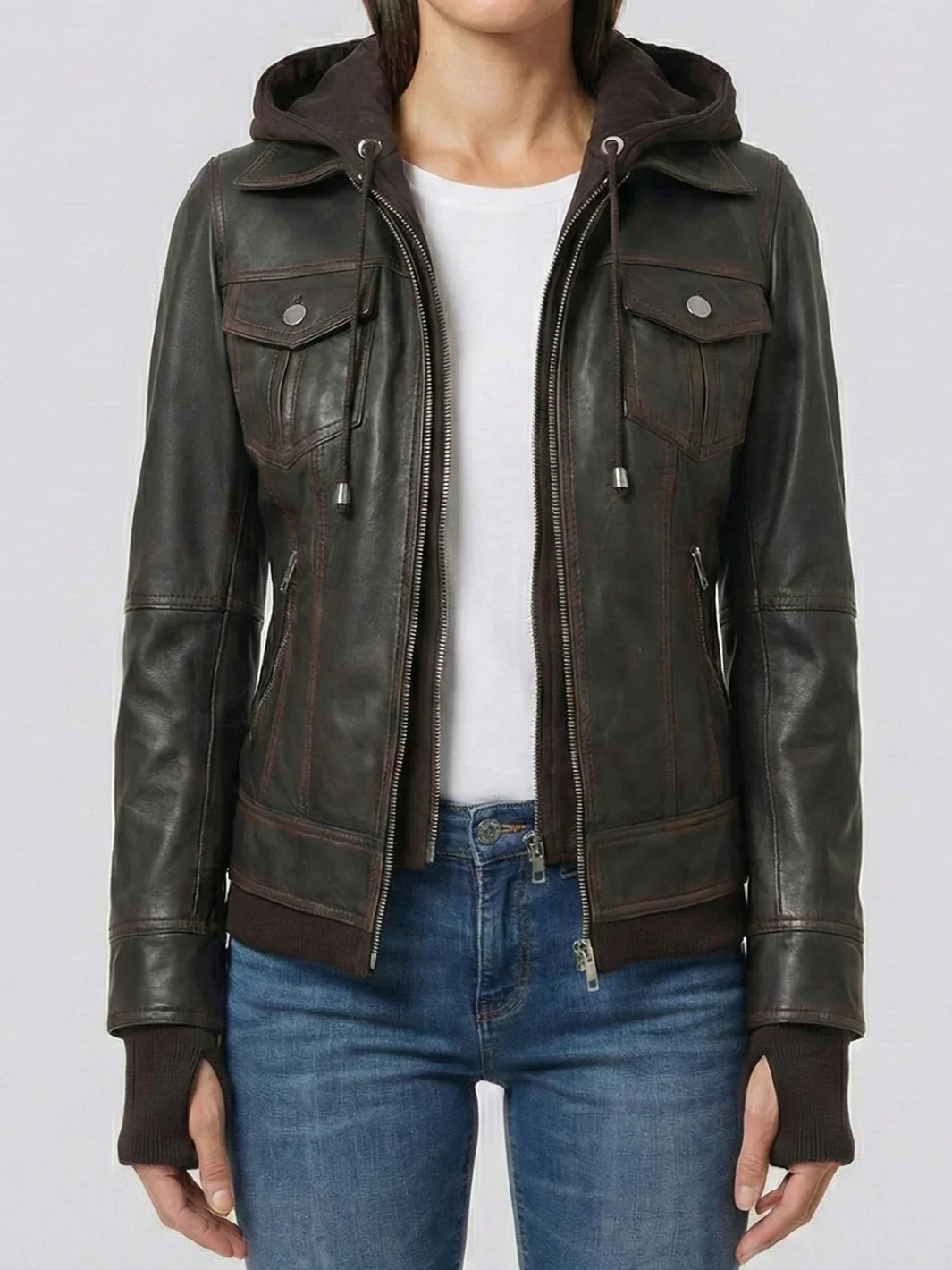 Women's Dark Brown Hooded Leather Bomber Jacket (Tralee Distressed Style).