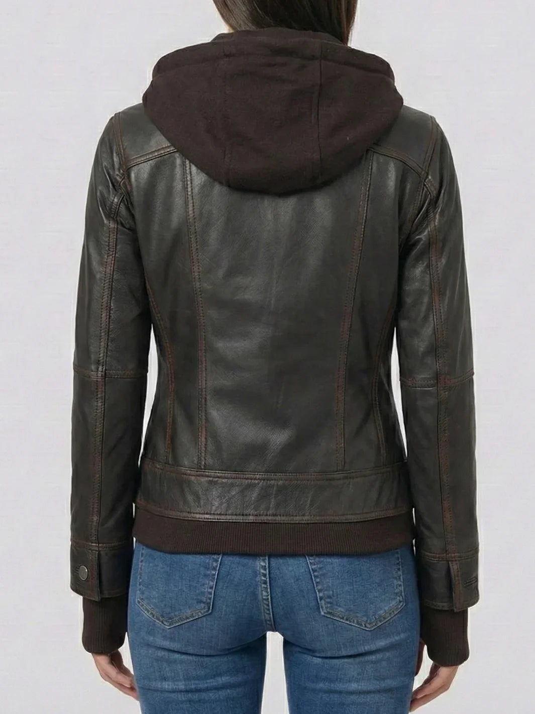 Women's Dark Brown Hooded Leather Bomber Jacket (Tralee Distressed Style).