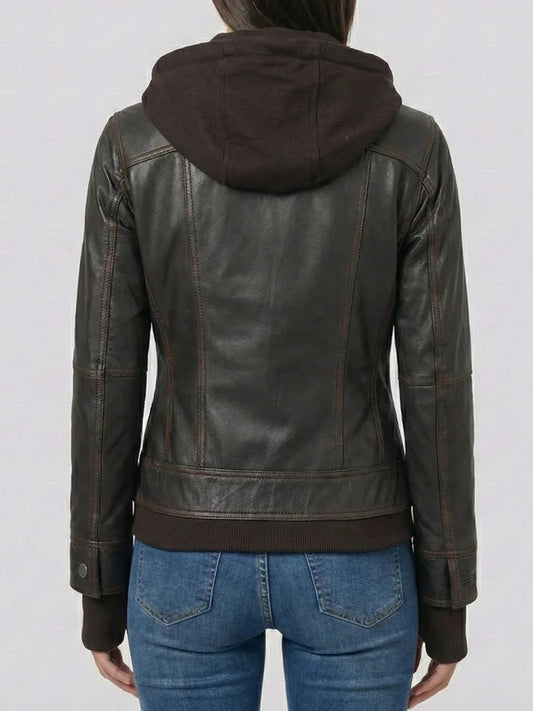 Women's Dark Brown Hooded Leather Bomber Jacket (Tralee Distressed Style).