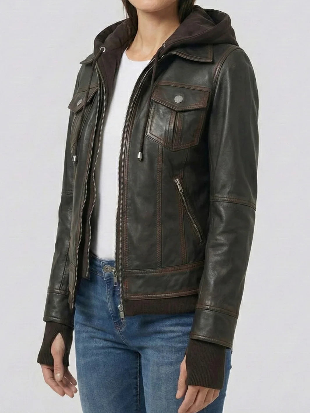 Women's Dark Brown Hooded Leather Bomber Jacket (Tralee Distressed Style).