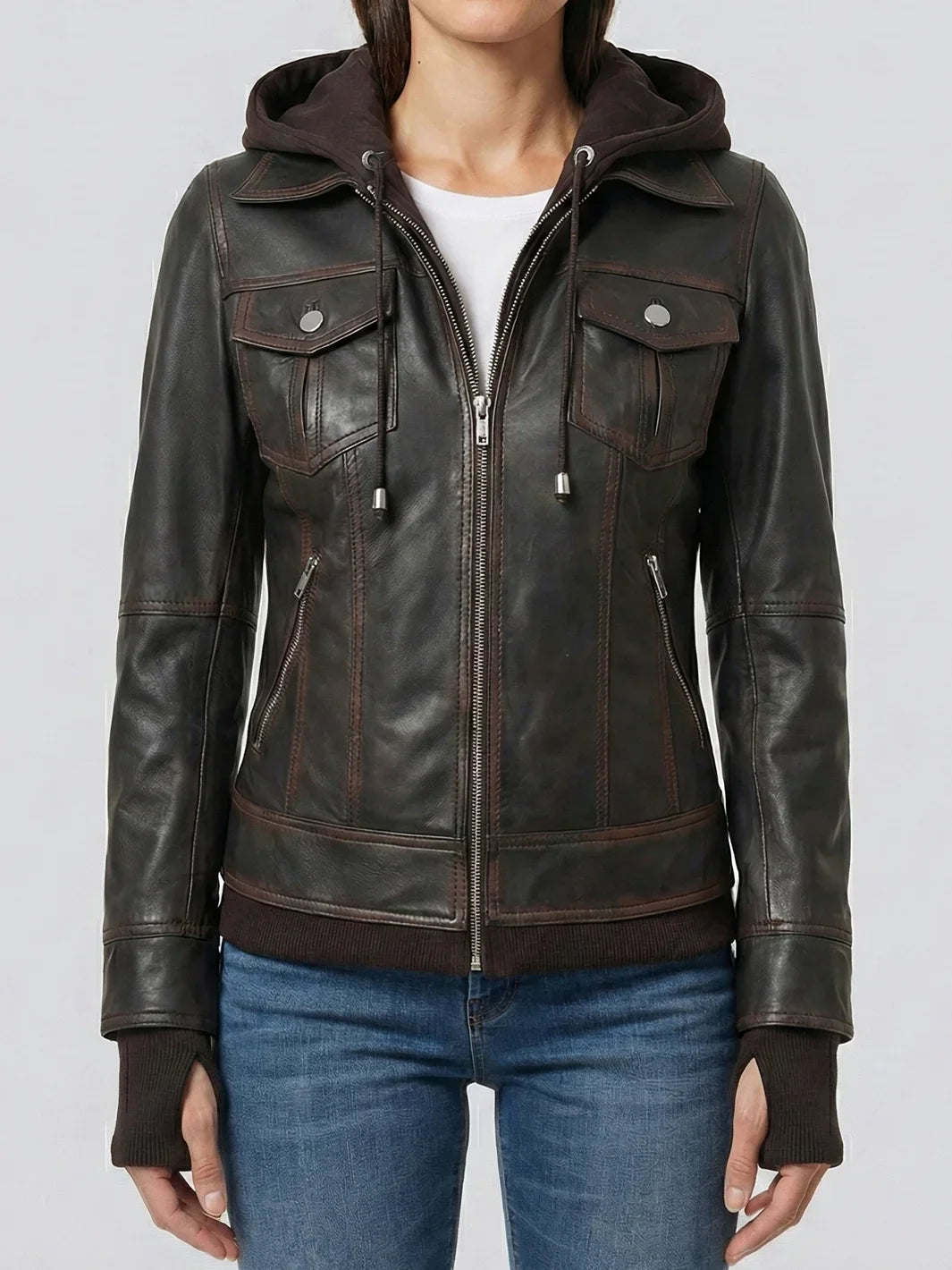 Women's Dark Brown Hooded Leather Bomber Jacket (Tralee Distressed Style).
