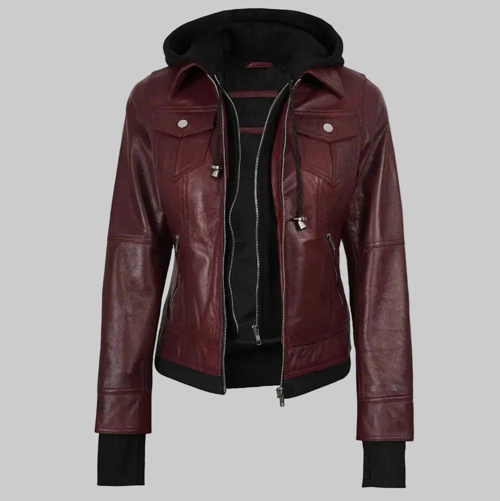 Women's Maroon Hooded Bomber Leather Jacket