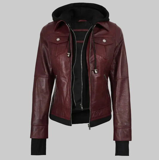 Women's Maroon Hooded Bomber Leather Jacket