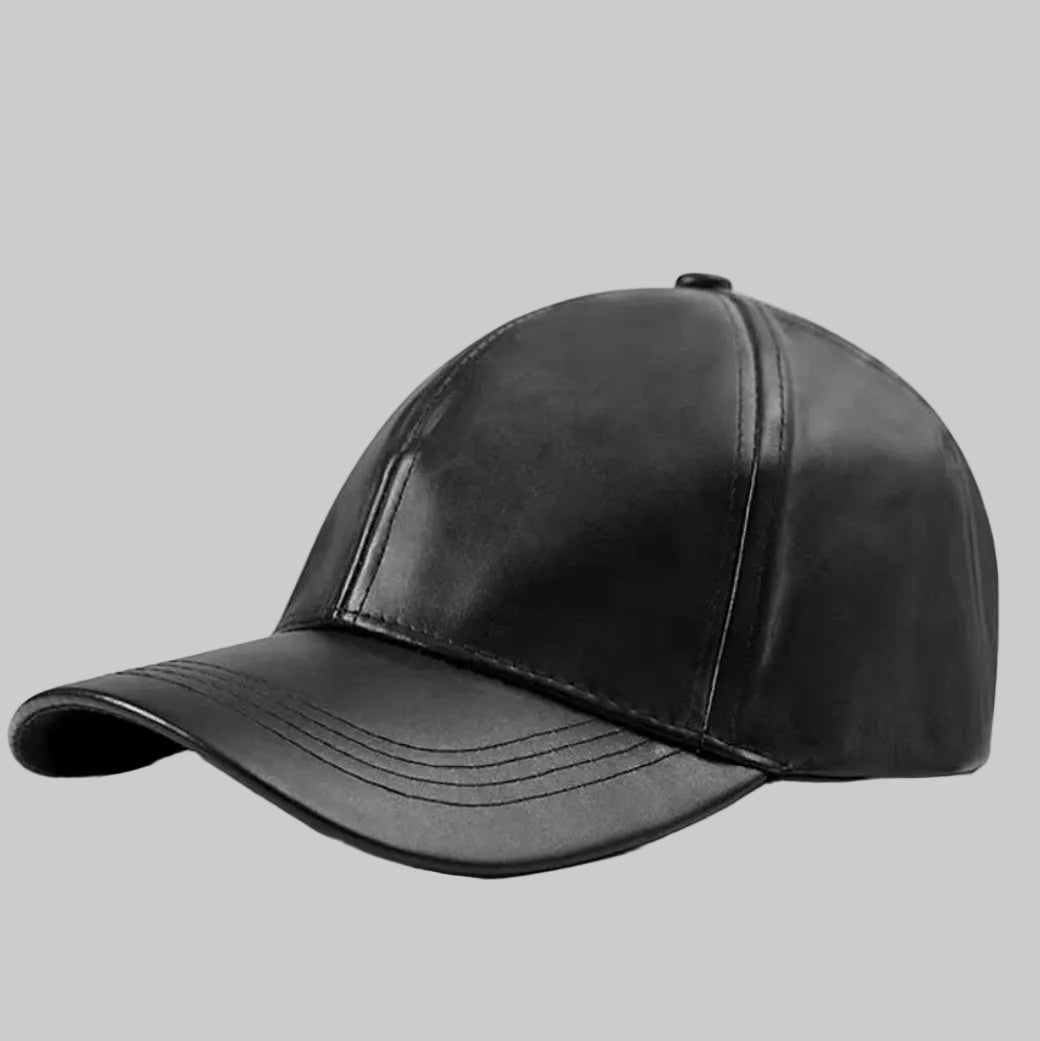 Black Faux Leather Premium Baseball Cap.