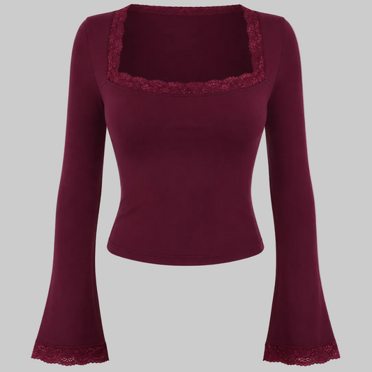 Burgundy Lace Trim Square Neck Flare Sleeve Top