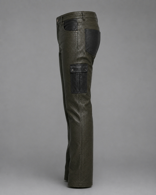 Olive Noir Deer-Embossed Leather Cargo Pants