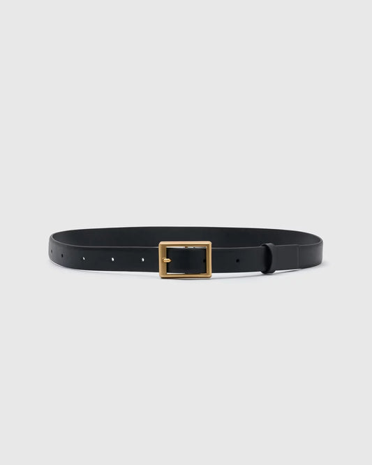 Classic Black Leather Belt With Square Gold Buckle