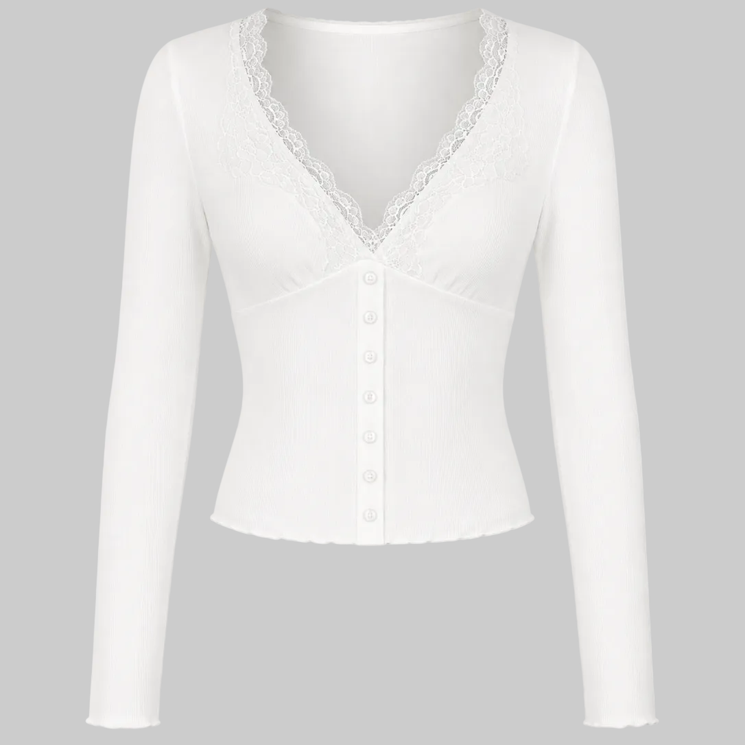 Women's Lace Trim V-Neck Button Front Ribbed Top