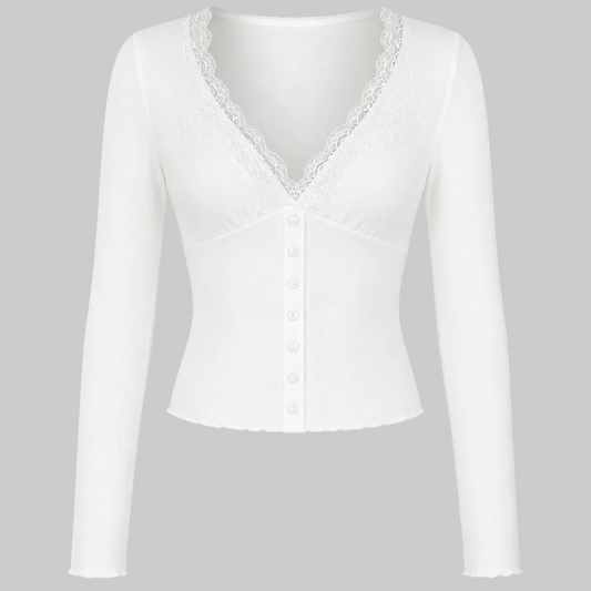 Women's Lace Trim V-Neck Button Front Ribbed Top