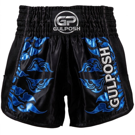 Product Name: Gulposh Muay Thai Flame Edition Kickboxing Shorts (Stealth Black / Electric Blue).