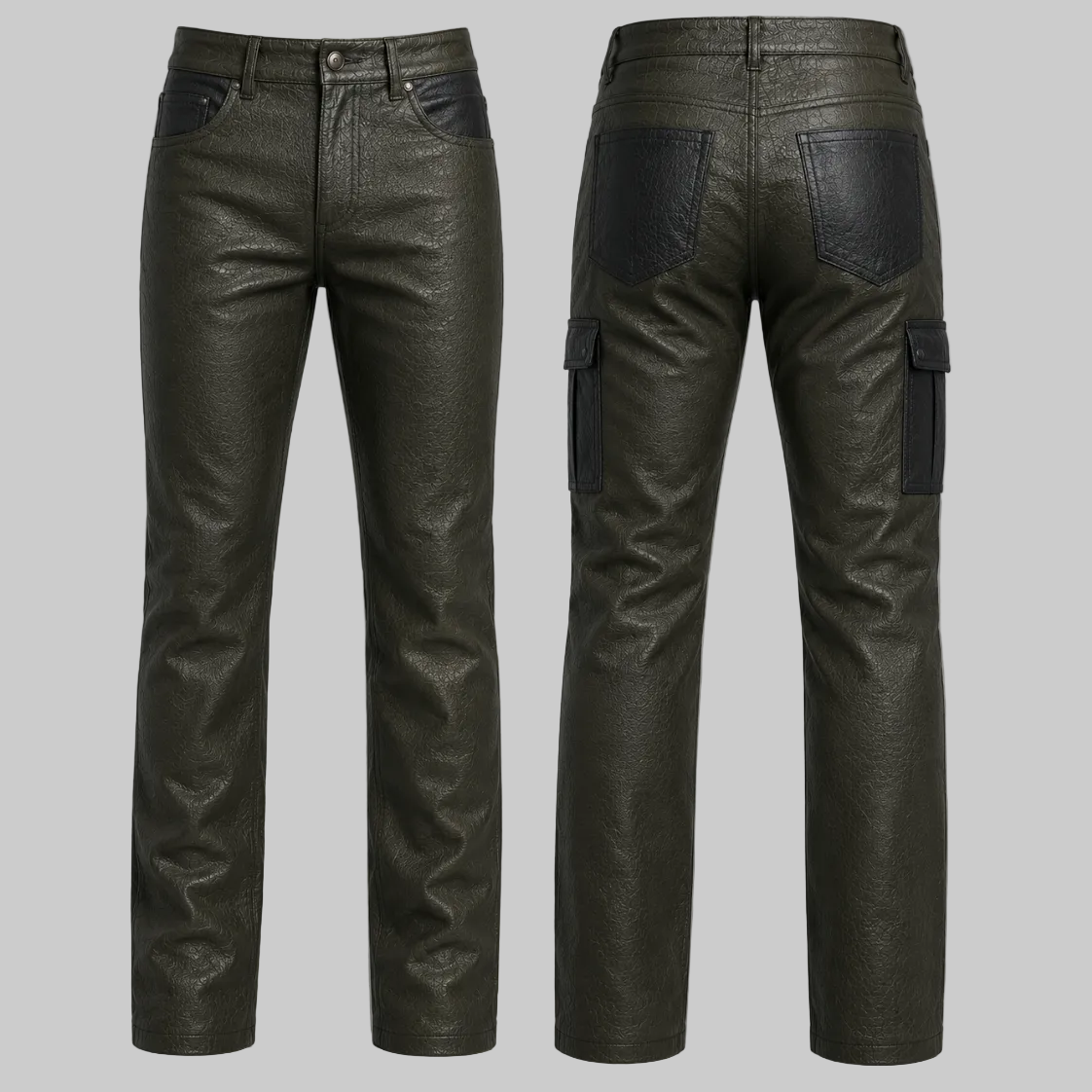 Olive Noir Deer-Embossed Leather Cargo Pants
