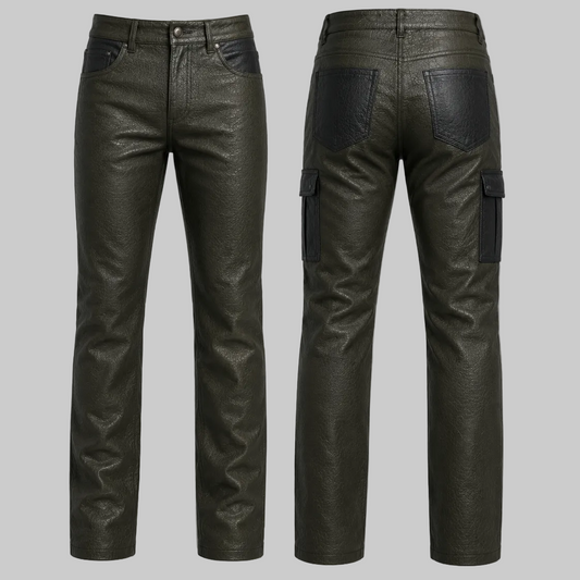 Olive Noir Deer-Embossed Leather Cargo Pants