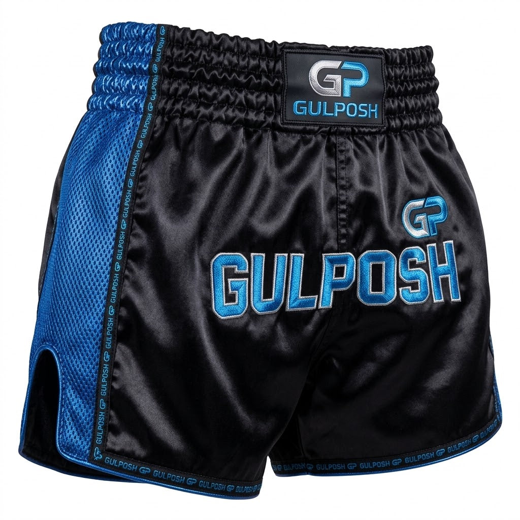 Gulposh Pro Muay Thai Kickboxing Shorts (Stealth Black / Sapphire Blue Mesh Edition).