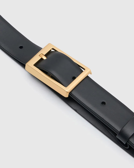 Classic Black Leather Belt With Square Gold Buckle