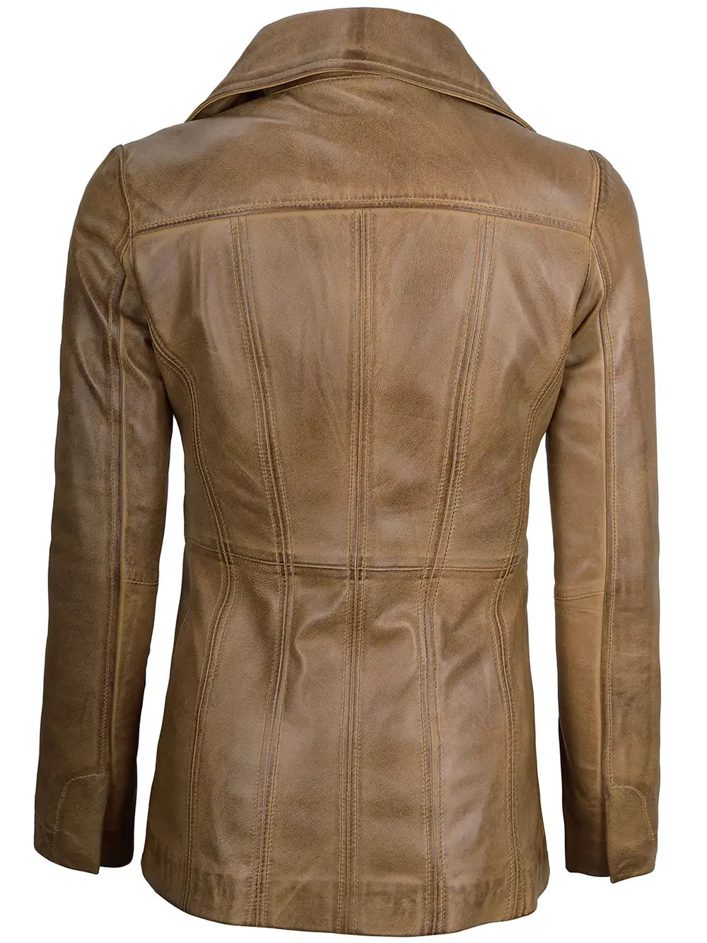 Women's Three-Button Camel Leather Blazer.